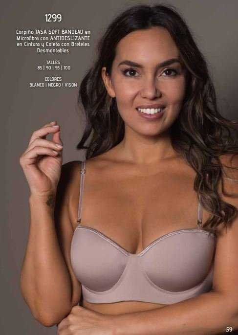 Corpiño tasa soft bandeau en microfibra con antideslizante en cintura y coleta con breteles desmontables.